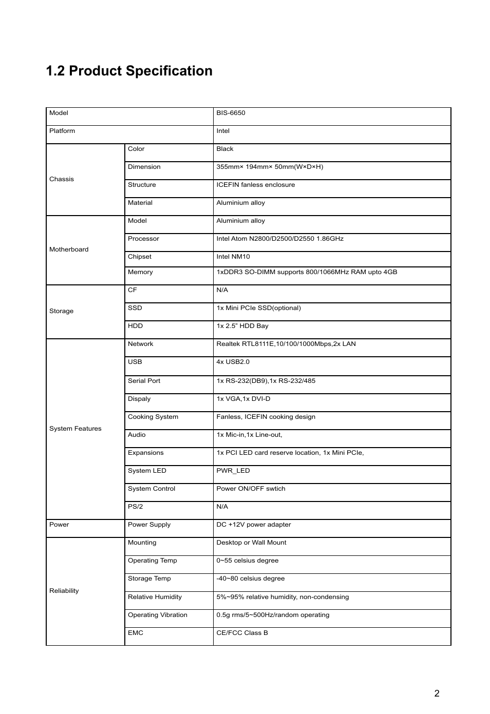 2 product specification | Habey BIS-6650 User Manual | Page 8 / 56