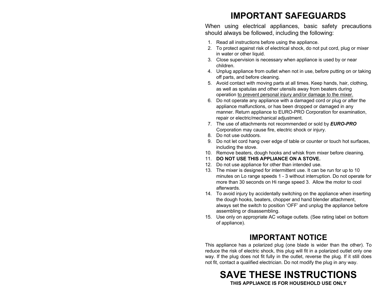 Save these instructions, Important safeguards, Important notice | Bravetti EP565CH User Manual | Page 2 / 6