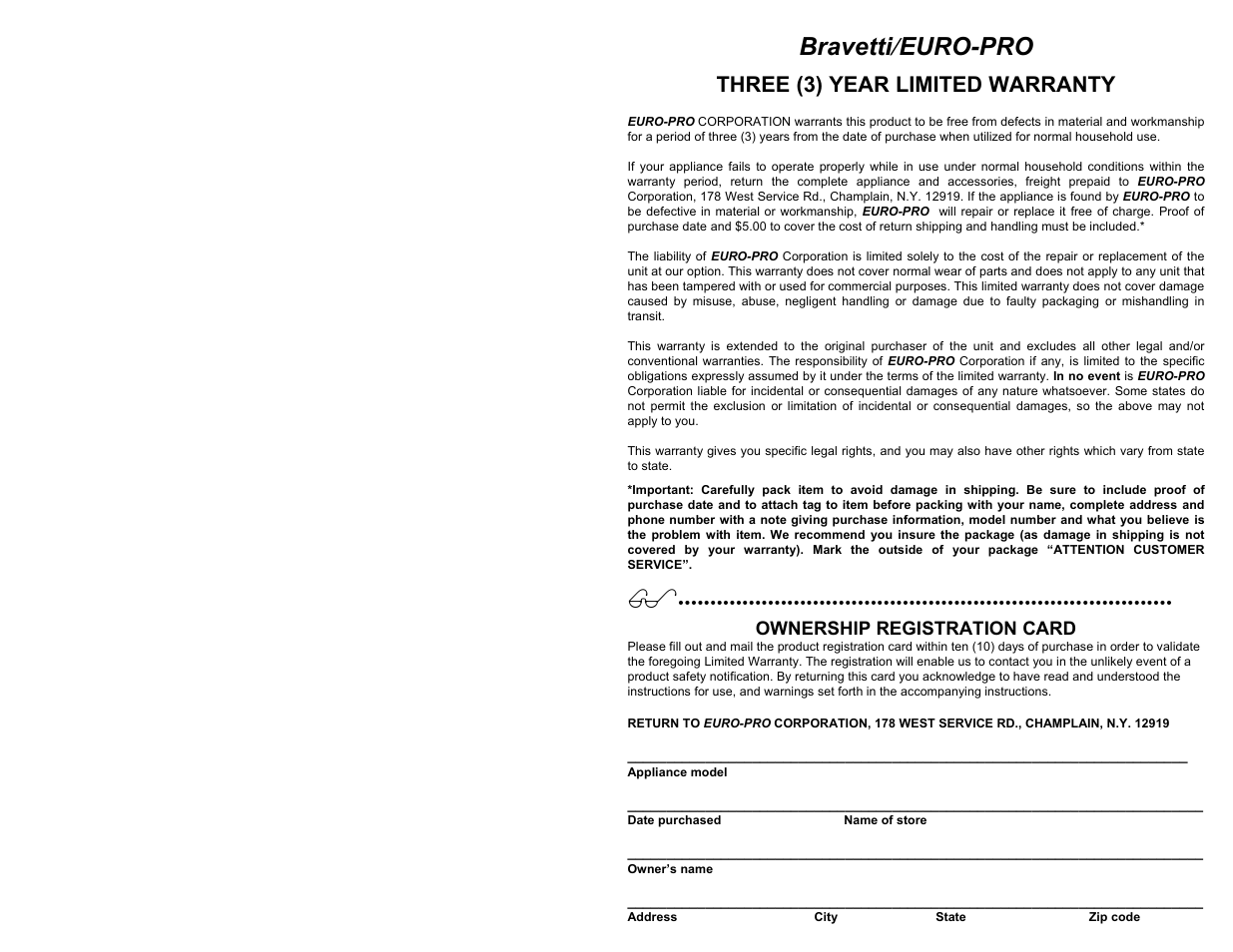 Bravetti/euro-pro, Three (3) year limited warranty | Bravetti EP565CH User Manual | Page 6 / 6