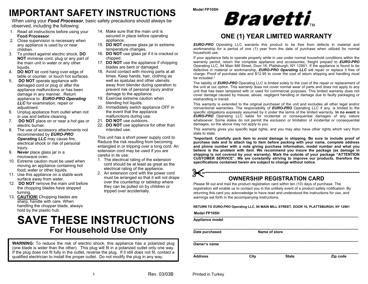 Save these instructions, Important safety instructions, For household use only | One (1) year limited warranty, Ownership registration card | Bravetti FP105H User Manual | Page 2 / 4