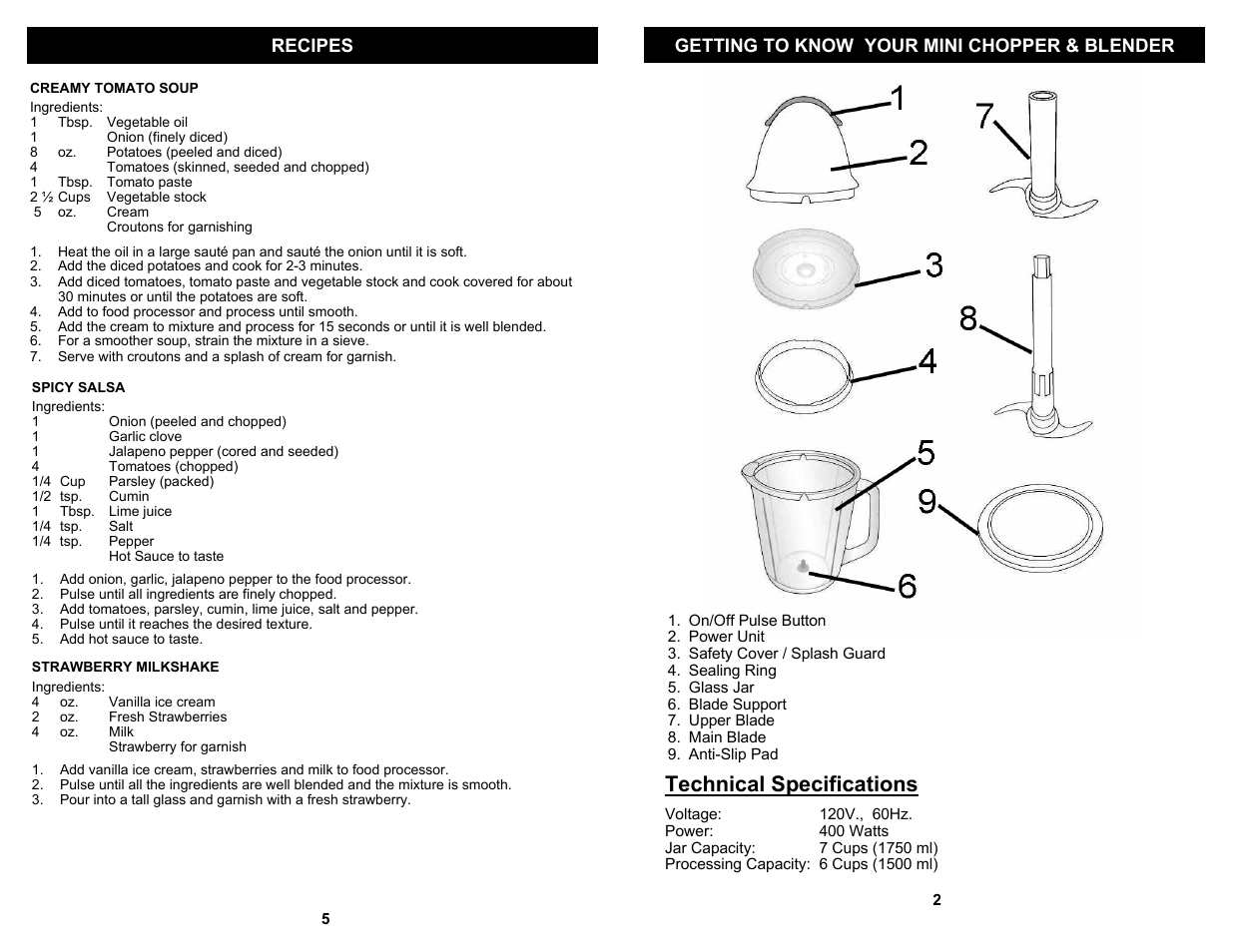 Technical specifications, Getting to know your mini chopper & blender, Recipes | Bravetti FP105H User Manual | Page 3 / 4