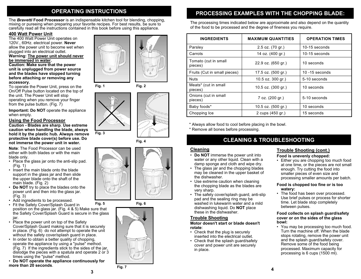 Operating instructions, Cleaning & troubleshooting, Processing examples with the chopping blade | Bravetti FP105H User Manual | Page 4 / 4