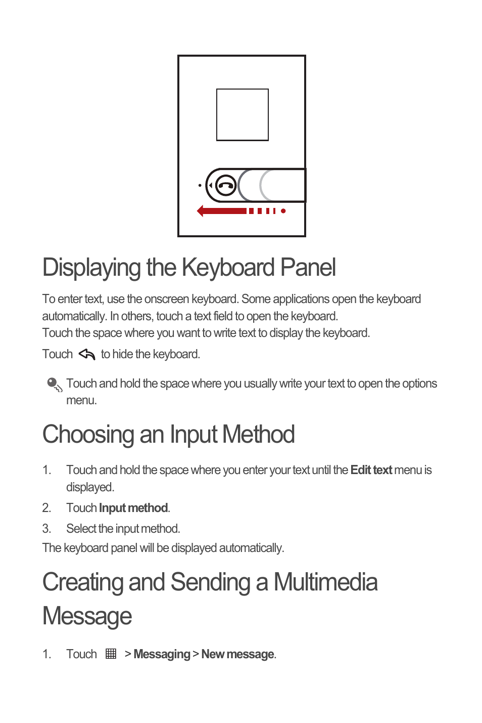 Displaying the keyboard panel, Choosing an input method, Creating and sending a multimedia message | Huawei С8500 User Manual | Page 11 / 20