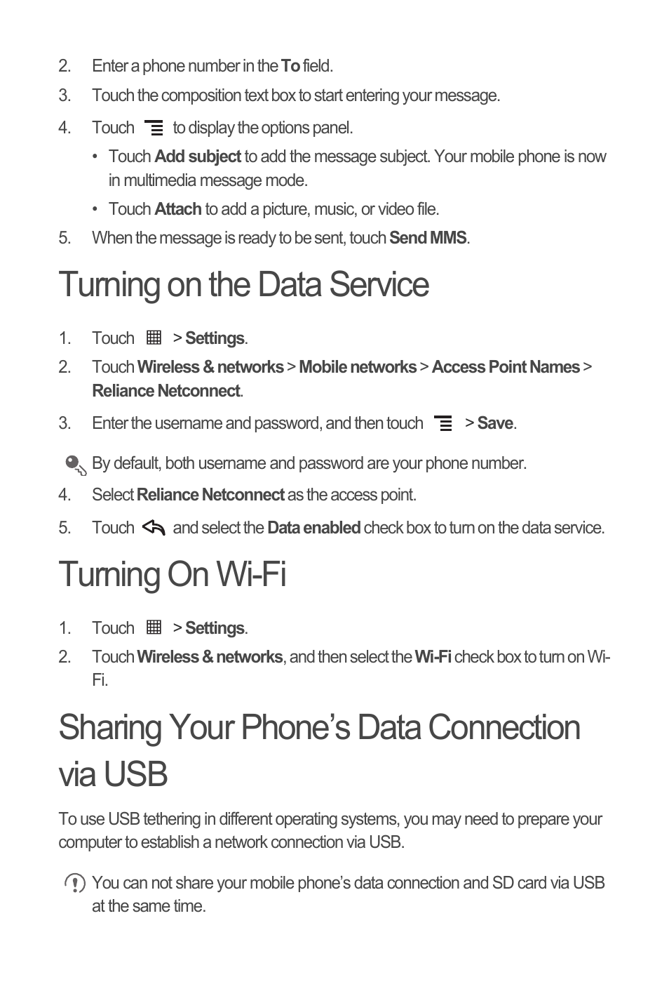 Turning on the data service, Turning on wi-fi, Sharing your phone’s data connection via usb | Huawei С8500 User Manual | Page 12 / 20