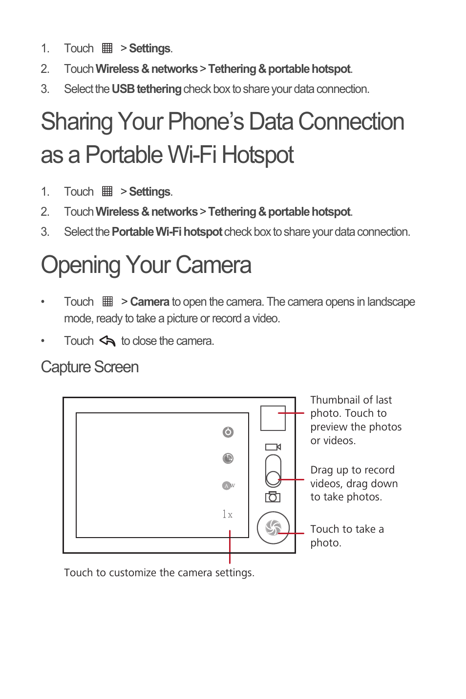 Opening your camera, Capture screen | Huawei С8500 User Manual | Page 13 / 20