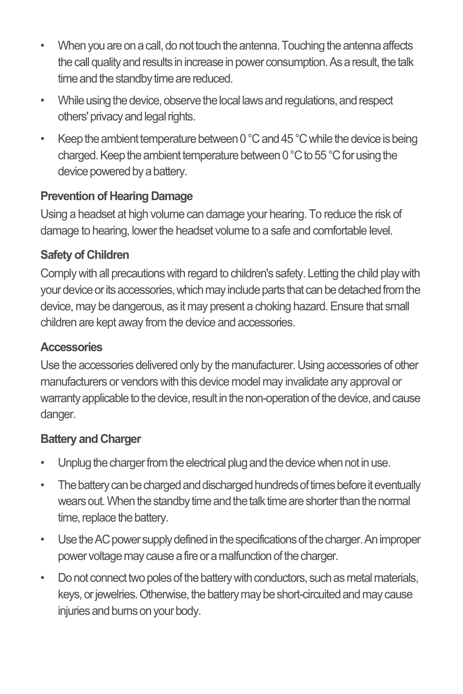 Prevention of hearing damage, Safety of children, Accessories | Battery and charger | Huawei С8500 User Manual | Page 16 / 20