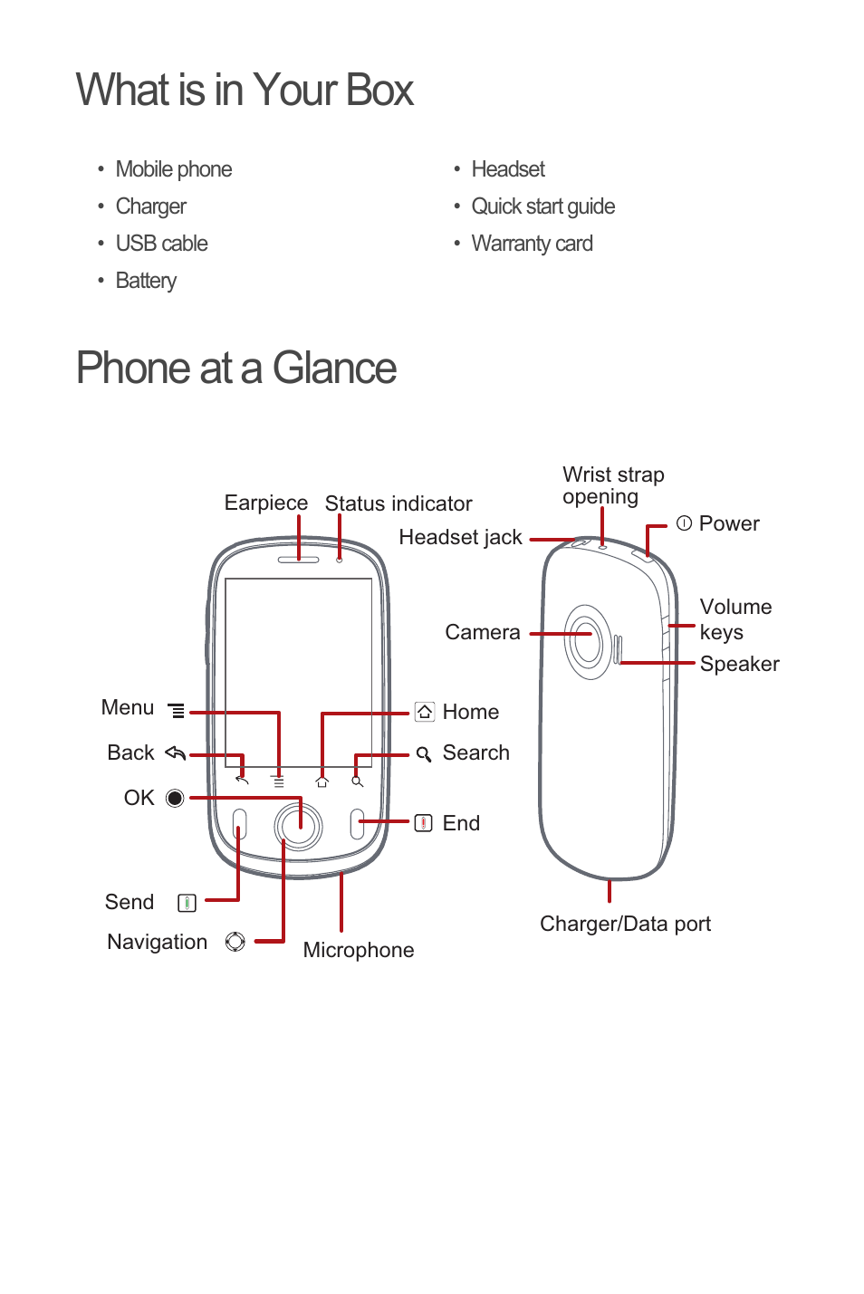 What is in your box, Phone at a glance, What is in your box phone at a glance | Huawei С8500 User Manual | Page 3 / 20