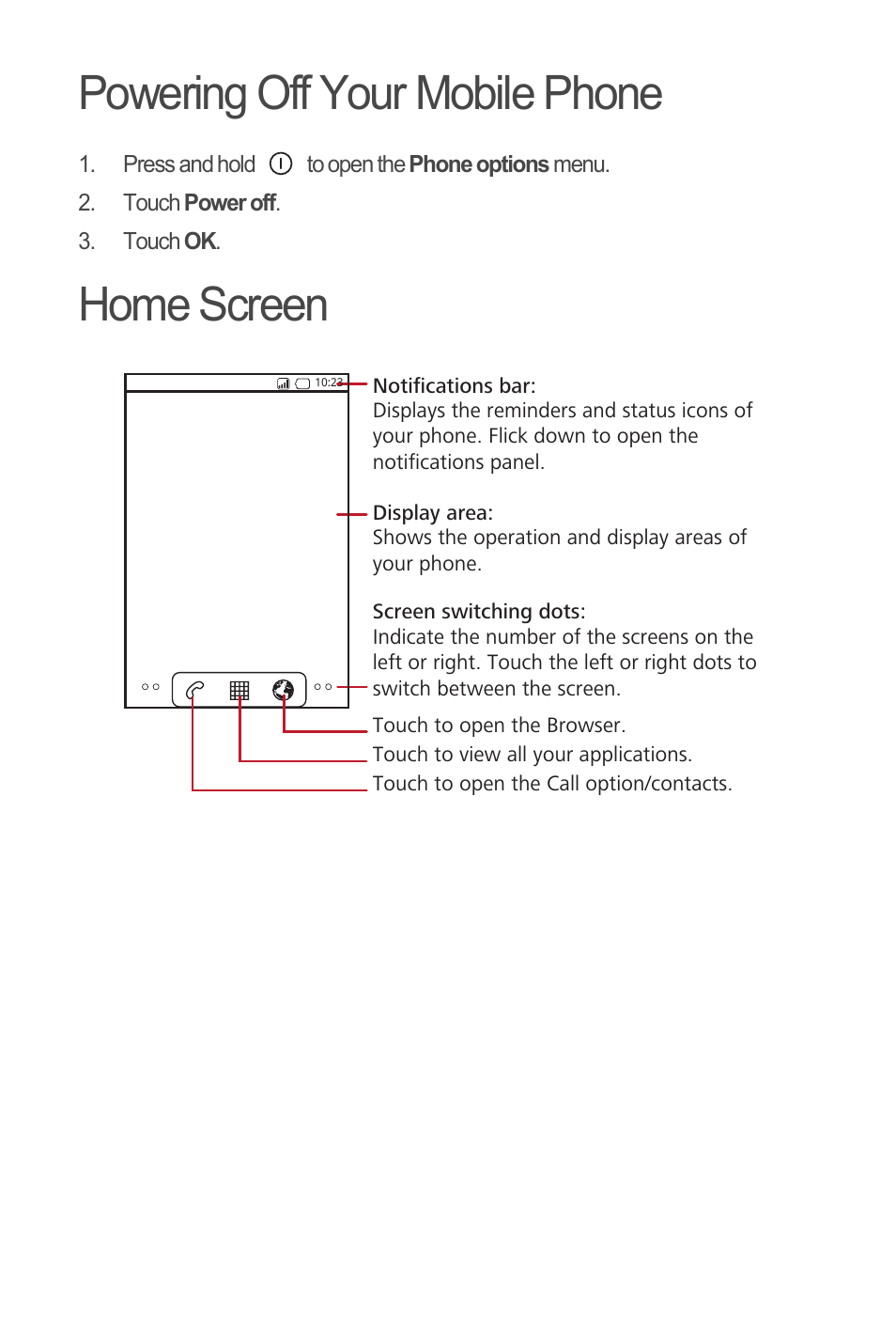 Powering off your mobile phone, Home screen | Huawei С8500 User Manual | Page 7 / 20