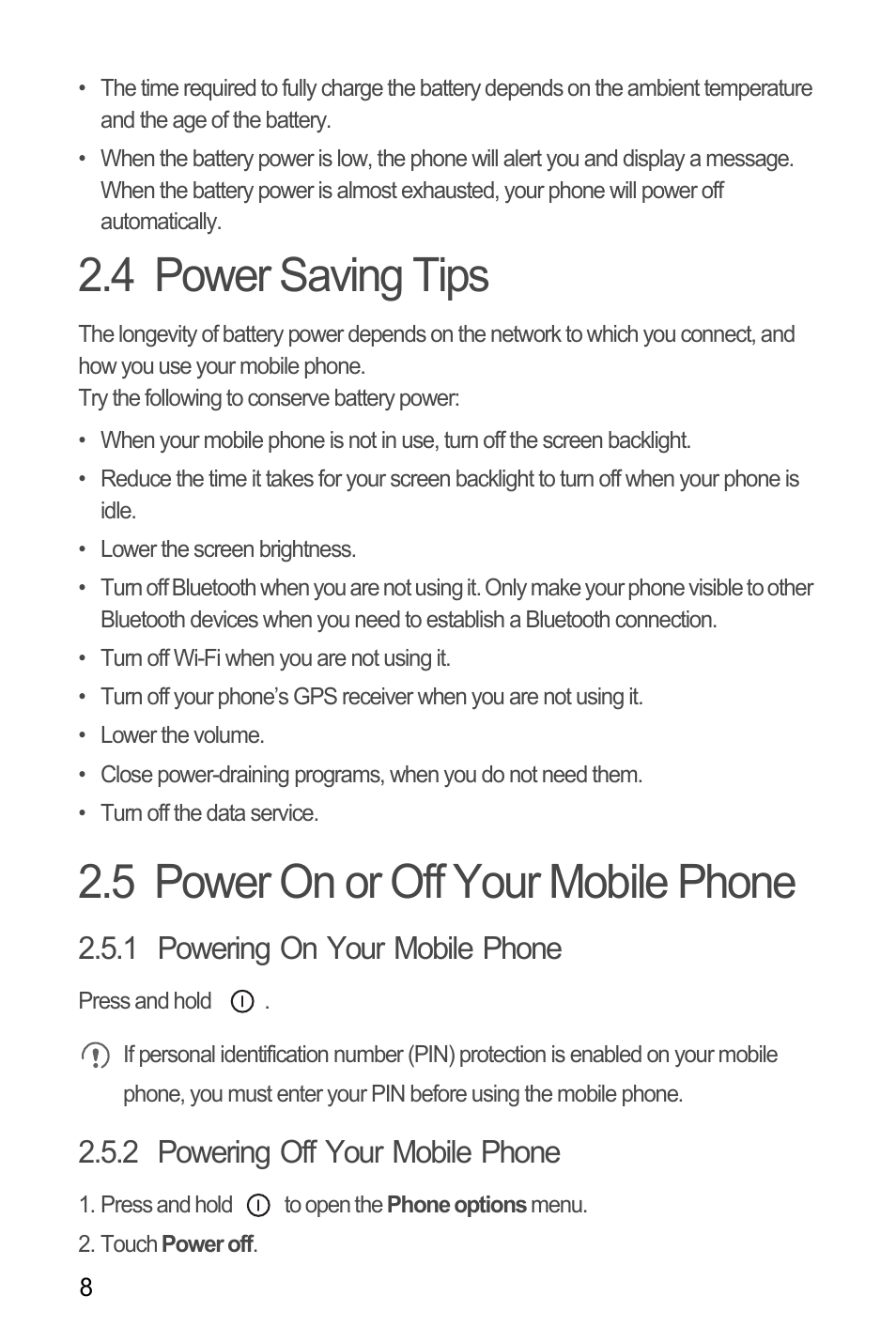 4 power saving tips, 5 power on or off your mobile phone, 1 powering on your mobile phone | 2 powering off your mobile phone | Huawei C8650+ User Guide User Manual | Page 12 / 64