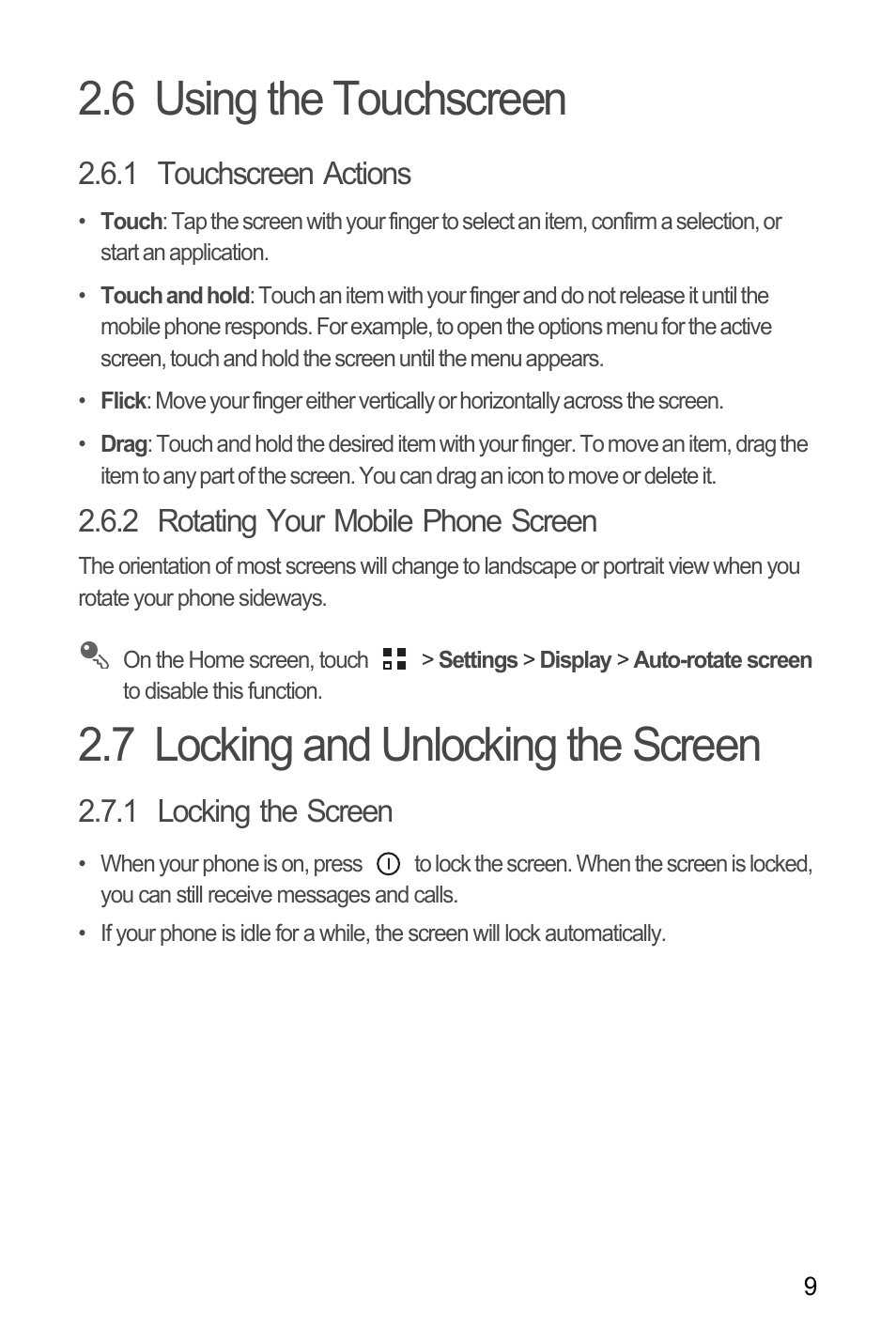 6 using the touchscreen, 1 touchscreen actions, 2 rotating your mobile phone screen | 7 locking and unlocking the screen, 1 locking the screen | Huawei C8650+ User Guide User Manual | Page 13 / 64