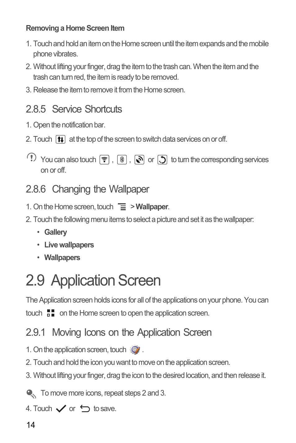 Removing a home screen item, 5 service shortcuts, 6 changing the wallpaper | 9 application screen, 1 moving icons on the application screen | Huawei C8650+ User Guide User Manual | Page 18 / 64