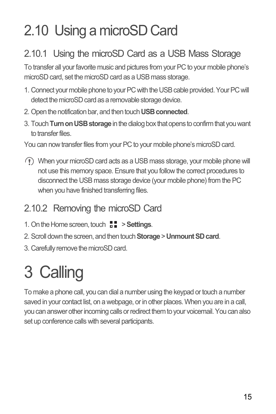 10 using a microsd card, 1 using the microsd card as a usb mass storage, 2 removing the microsd card | 3 calling | Huawei C8650+ User Guide User Manual | Page 19 / 64