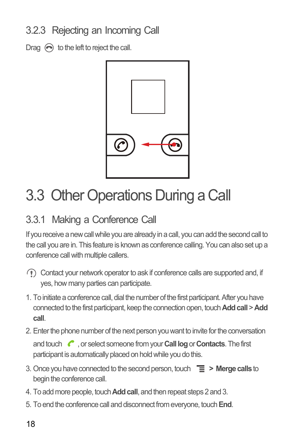 3 rejecting an incoming call, 3 other operations during a call, 1 making a conference call | Huawei C8650+ User Guide User Manual | Page 22 / 64