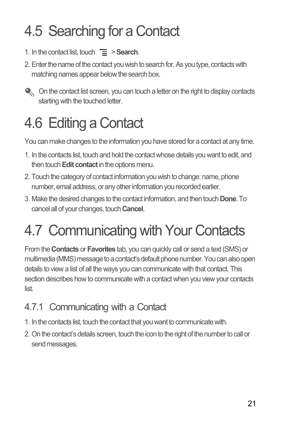 5 searching for a contact, 6 editing a contact, 7 communicating with your contacts | 1 communicating with a contact, Editing a contact | Huawei C8650+ User Guide User Manual | Page 25 / 64