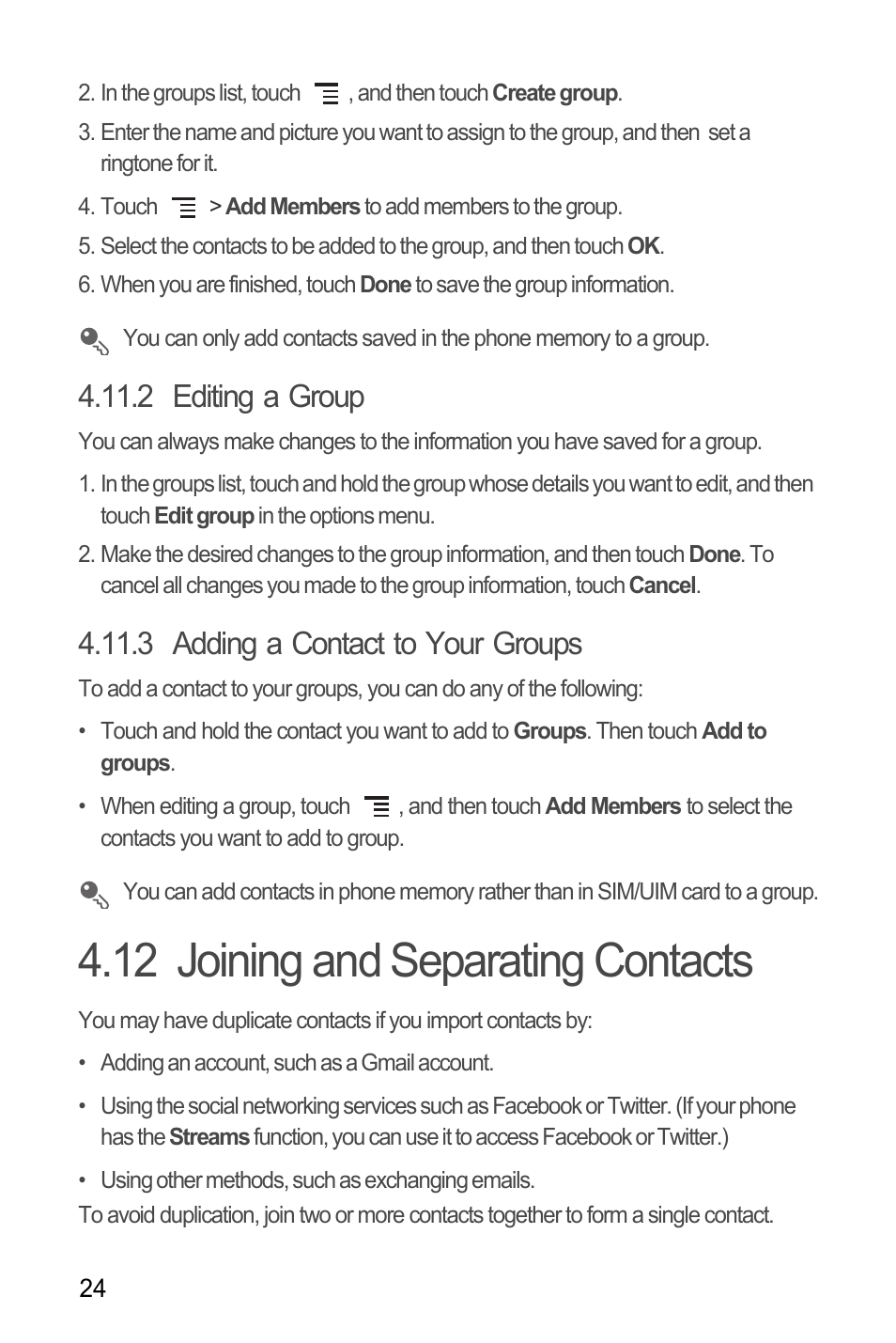 2 editing a group, 3 adding a contact to your groups, 12 joining and separating contacts | Huawei C8650+ User Guide User Manual | Page 28 / 64