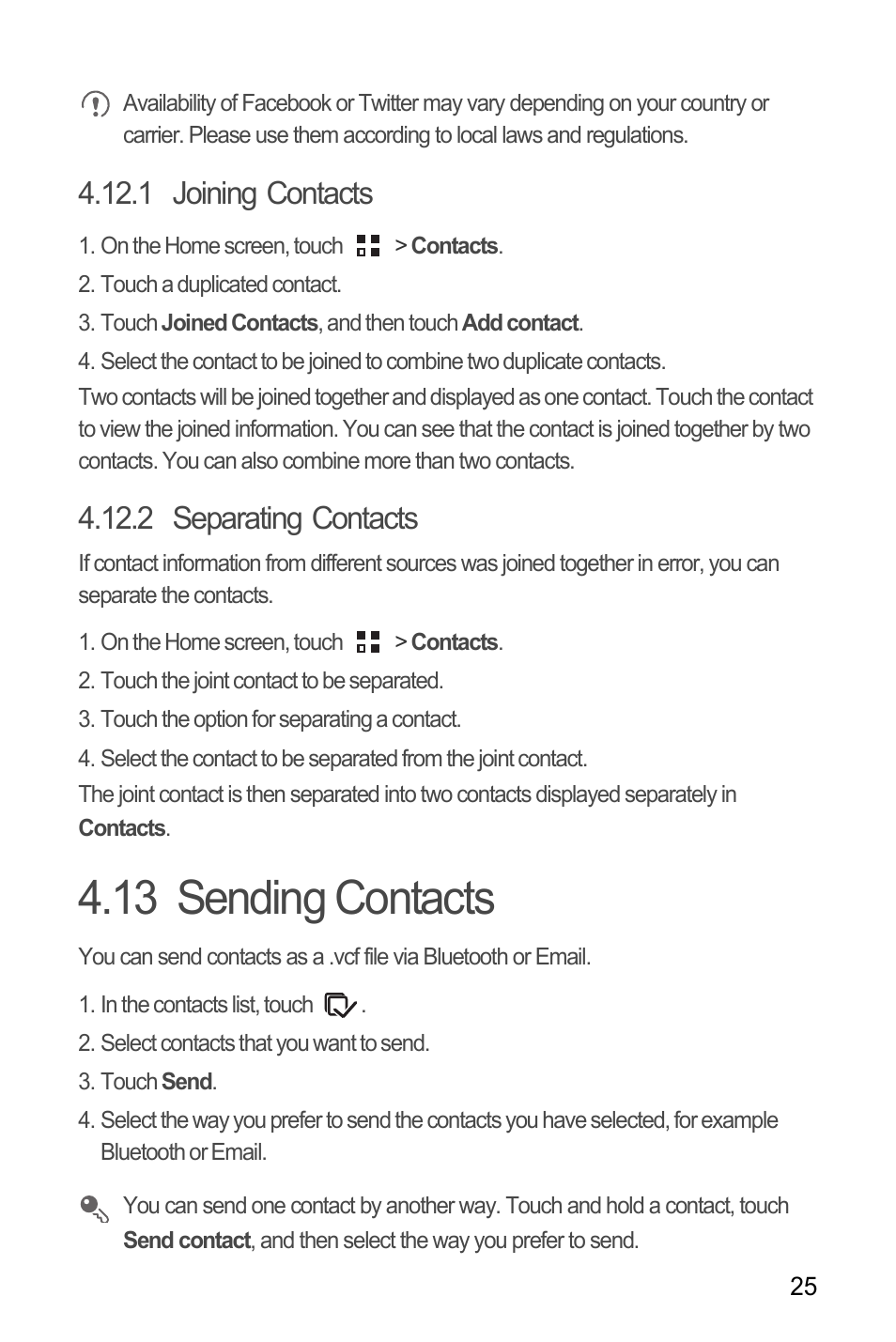 1 joining contacts, 2 separating contacts, 13 sending contacts | Huawei C8650+ User Guide User Manual | Page 29 / 64