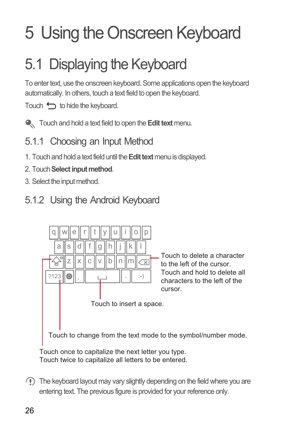 5 using the onscreen keyboard, 1 displaying the keyboard, 1 choosing an input method | 2 using the android keyboard | Huawei C8650+ User Guide User Manual | Page 30 / 64