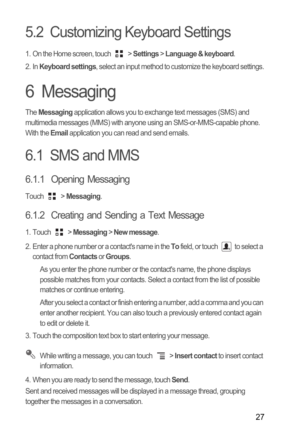 2 customizing keyboard settings, 6 messaging, 1 sms and mms | 1 opening messaging, 2 creating and sending a text message | Huawei C8650+ User Guide User Manual | Page 31 / 64