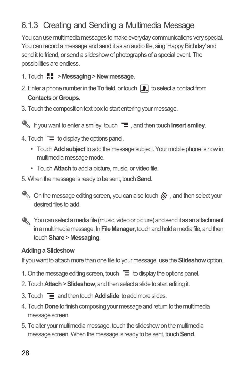 3 creating and sending a multimedia message, Adding a slideshow | Huawei C8650+ User Guide User Manual | Page 32 / 64