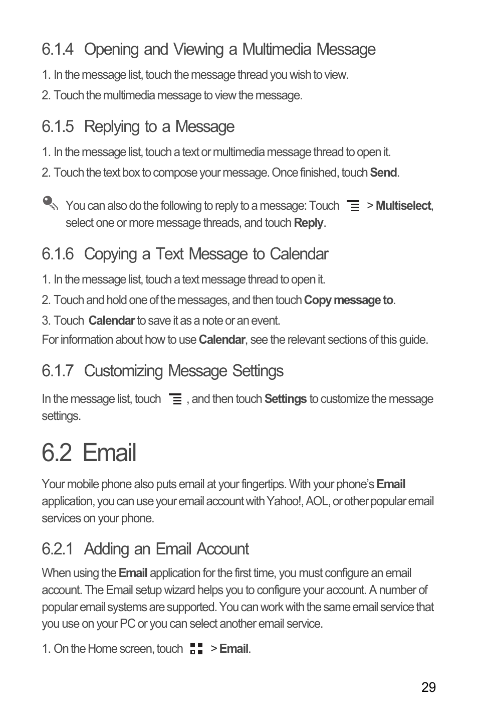 4 opening and viewing a multimedia message, 5 replying to a message, 6 copying a text message to calendar | 7 customizing message settings, 2 email, 1 adding an email account | Huawei C8650+ User Guide User Manual | Page 33 / 64