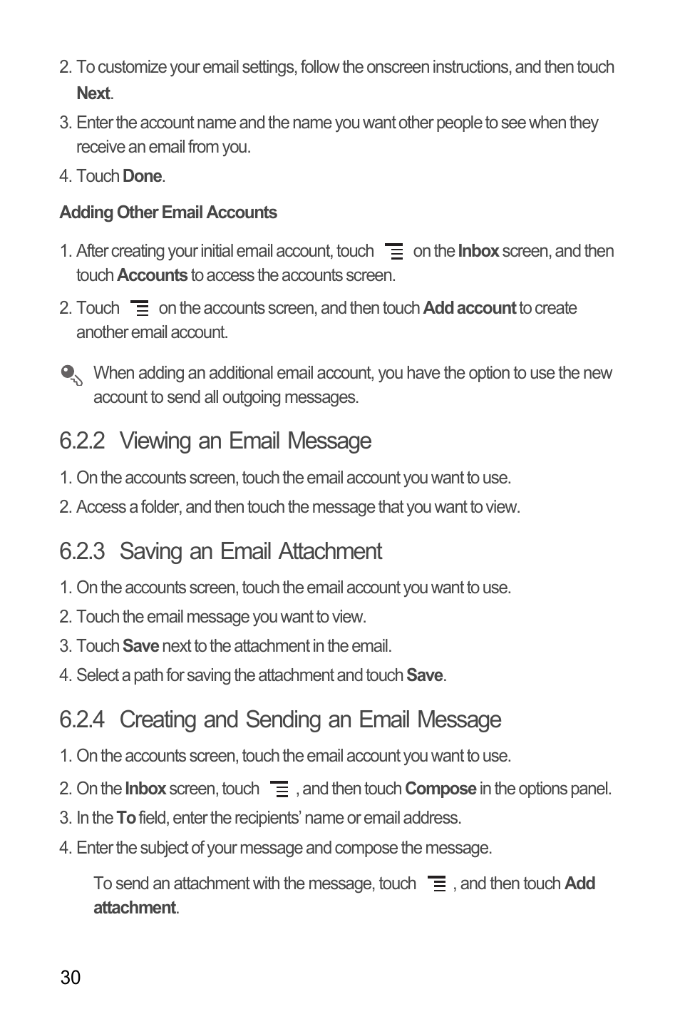 Adding other email accounts, 2 viewing an email message, 3 saving an email attachment | 4 creating and sending an email message | Huawei C8650+ User Guide User Manual | Page 34 / 64