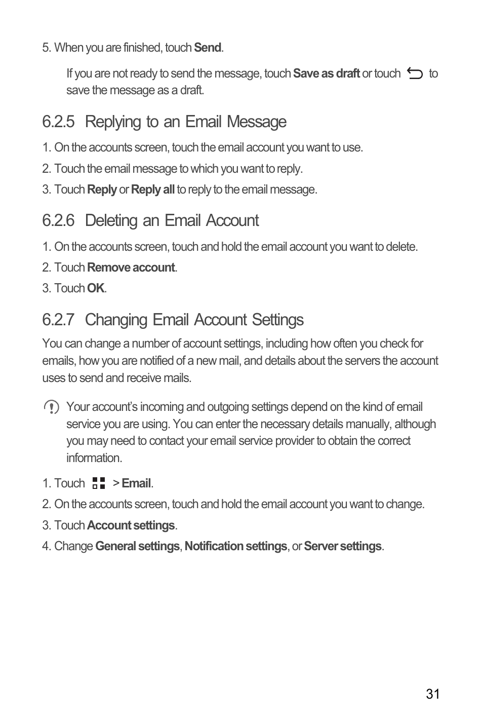 5 replying to an email message, 6 deleting an email account, 7 changing email account settings | Huawei C8650+ User Guide User Manual | Page 35 / 64