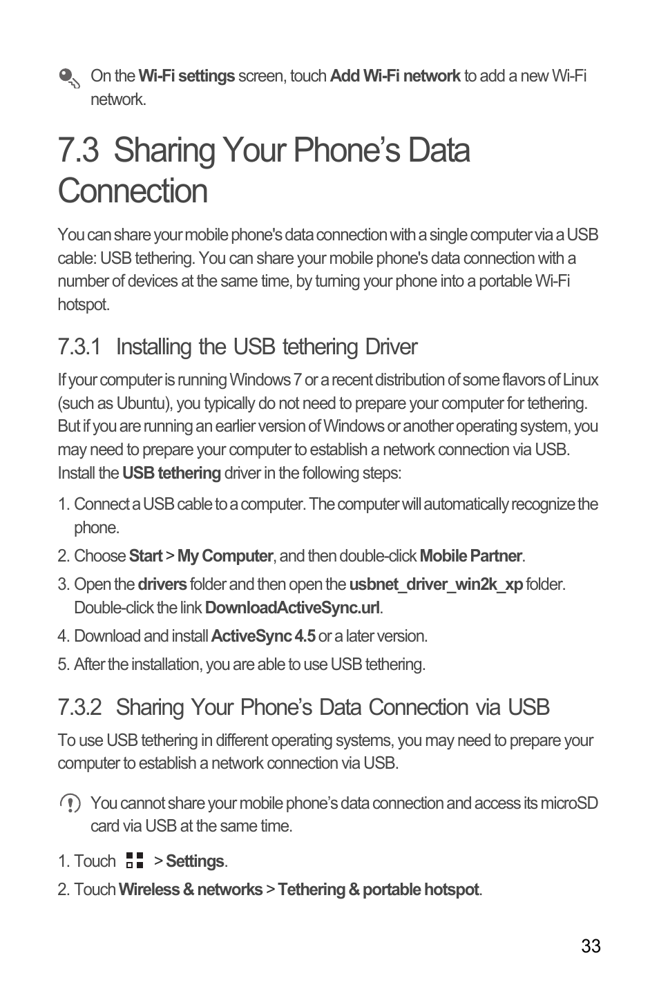 3 sharing your phone’s data connection, 1 installing the usb tethering driver, 2 sharing your phone’s data connection via usb | Huawei C8650+ User Guide User Manual | Page 37 / 64