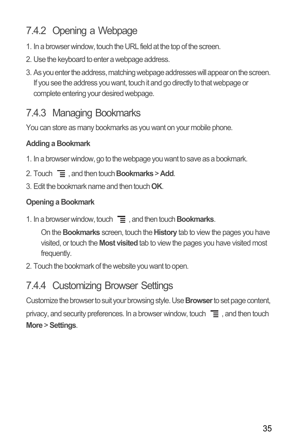 3 managing bookmarks, Adding a bookmark, Opening a bookmark | 4 customizing browser settings, 2 opening a webpage | Huawei C8650+ User Guide User Manual | Page 39 / 64
