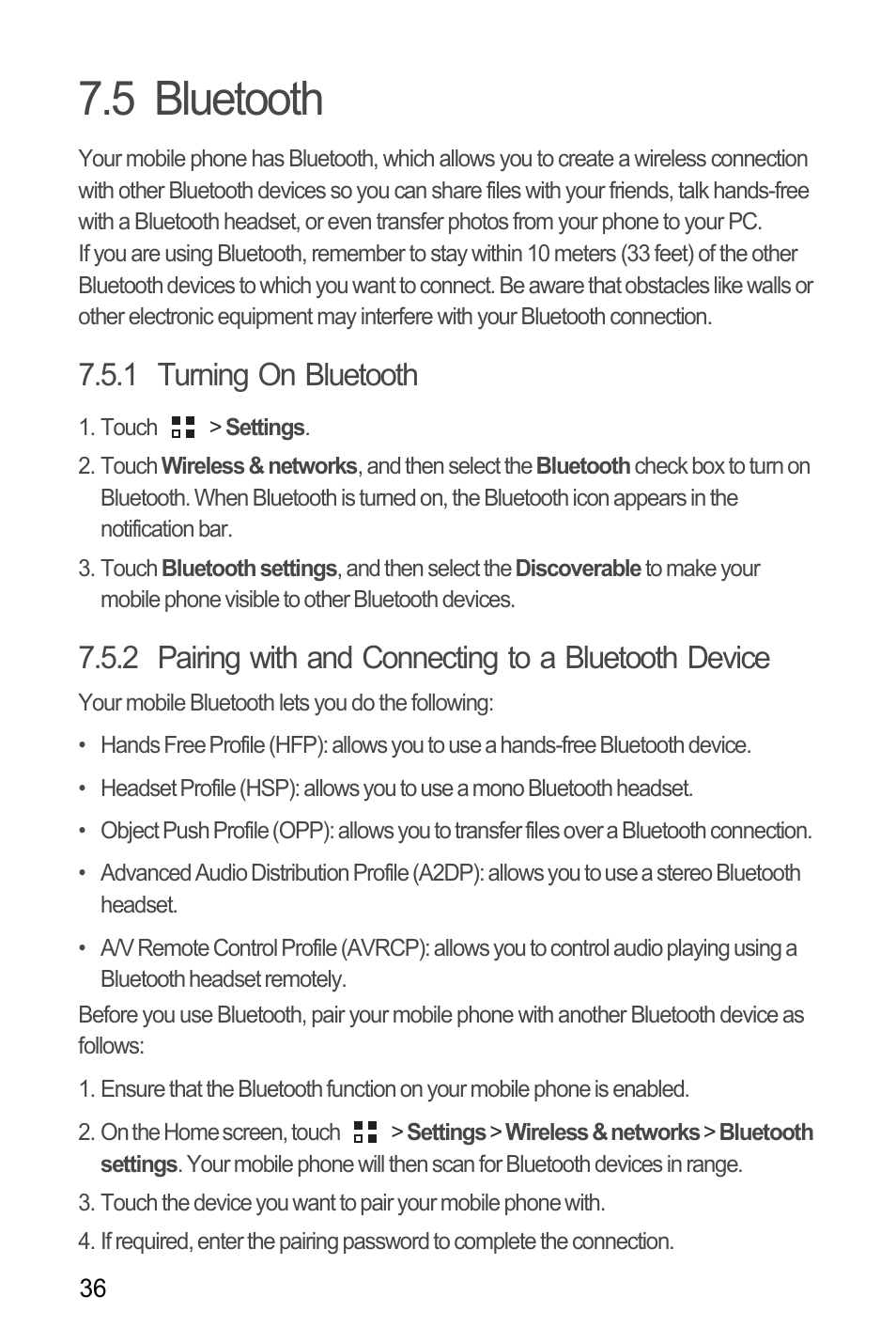 5 bluetooth, 1 turning on bluetooth | Huawei C8650+ User Guide User Manual | Page 40 / 64