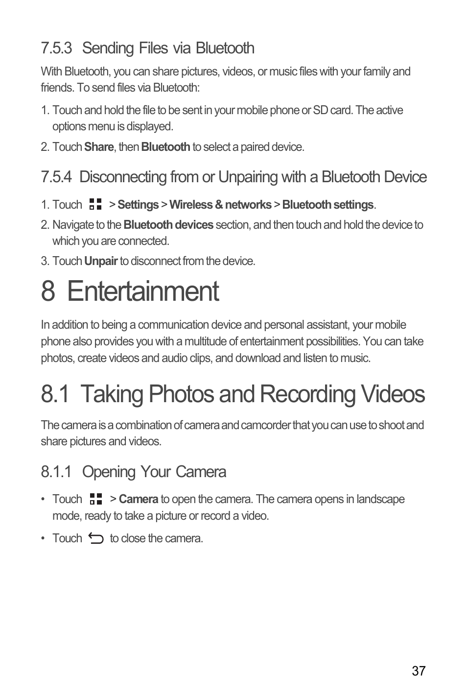 3 sending files via bluetooth, 8 entertainment, 1 taking photos and recording videos | 1 opening your camera | Huawei C8650+ User Guide User Manual | Page 41 / 64
