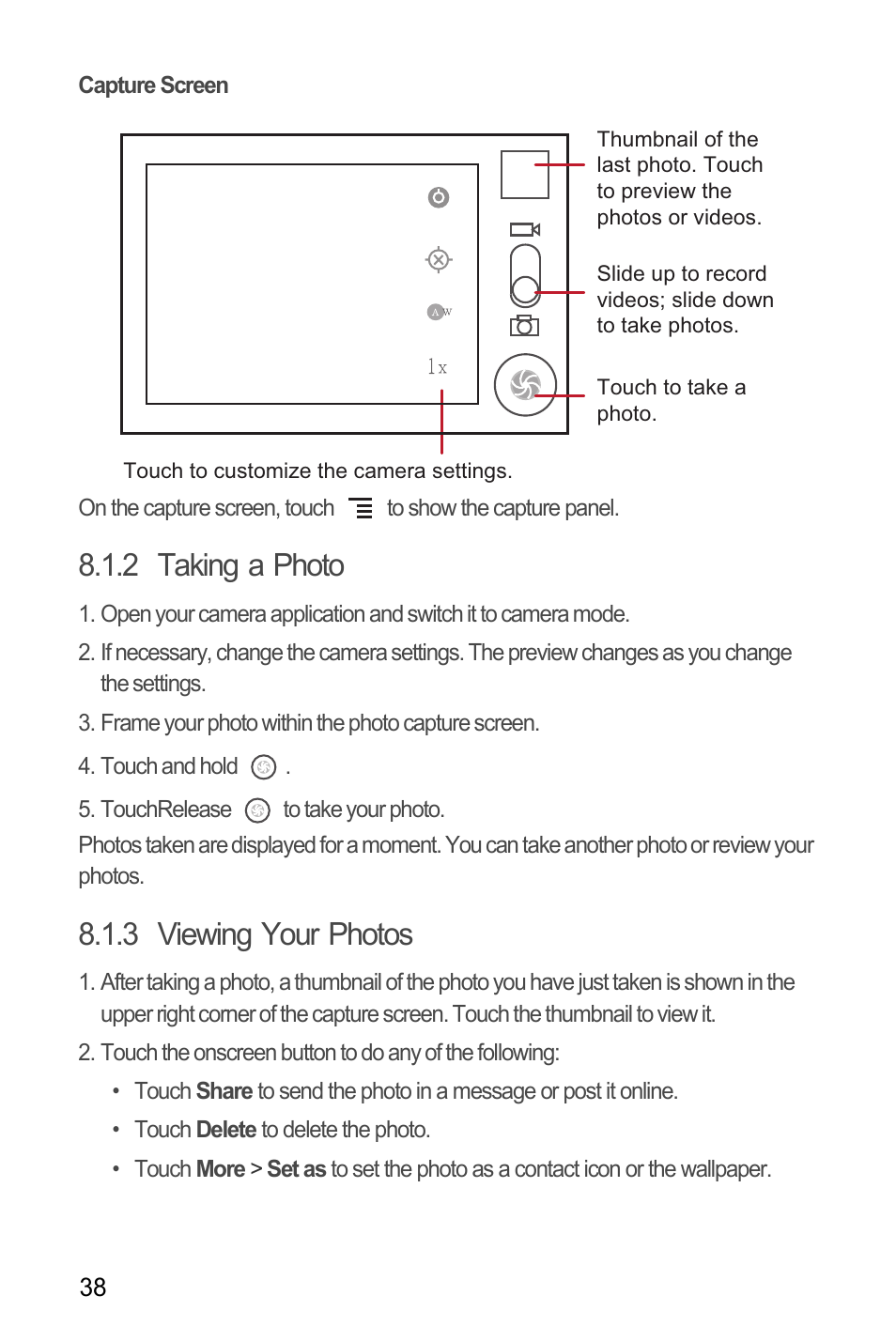 Capture screen, 2 taking a photo, 3 viewing your photos | Huawei C8650+ User Guide User Manual | Page 42 / 64