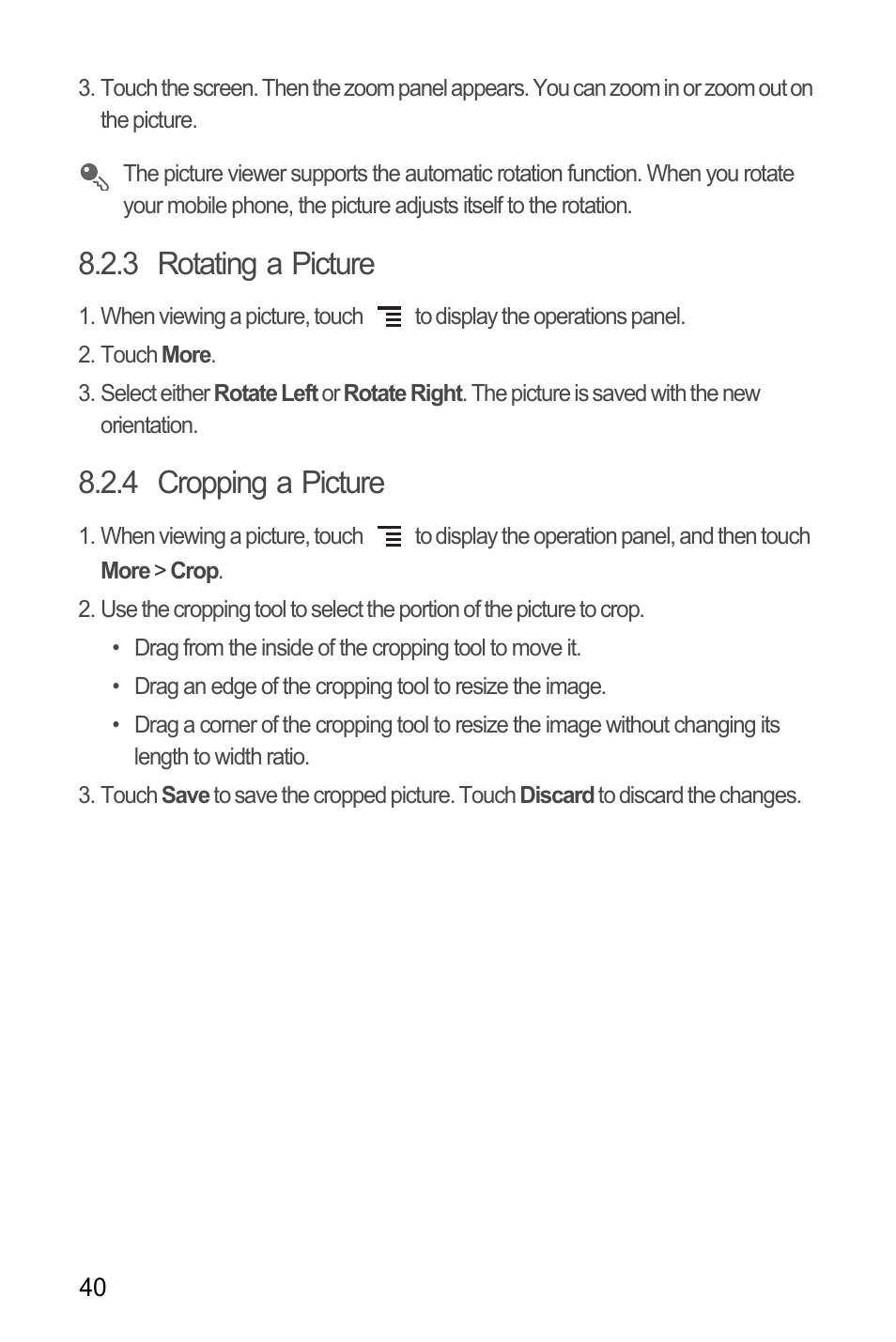 3 rotating a picture, 4 cropping a picture | Huawei C8650+ User Guide User Manual | Page 44 / 64