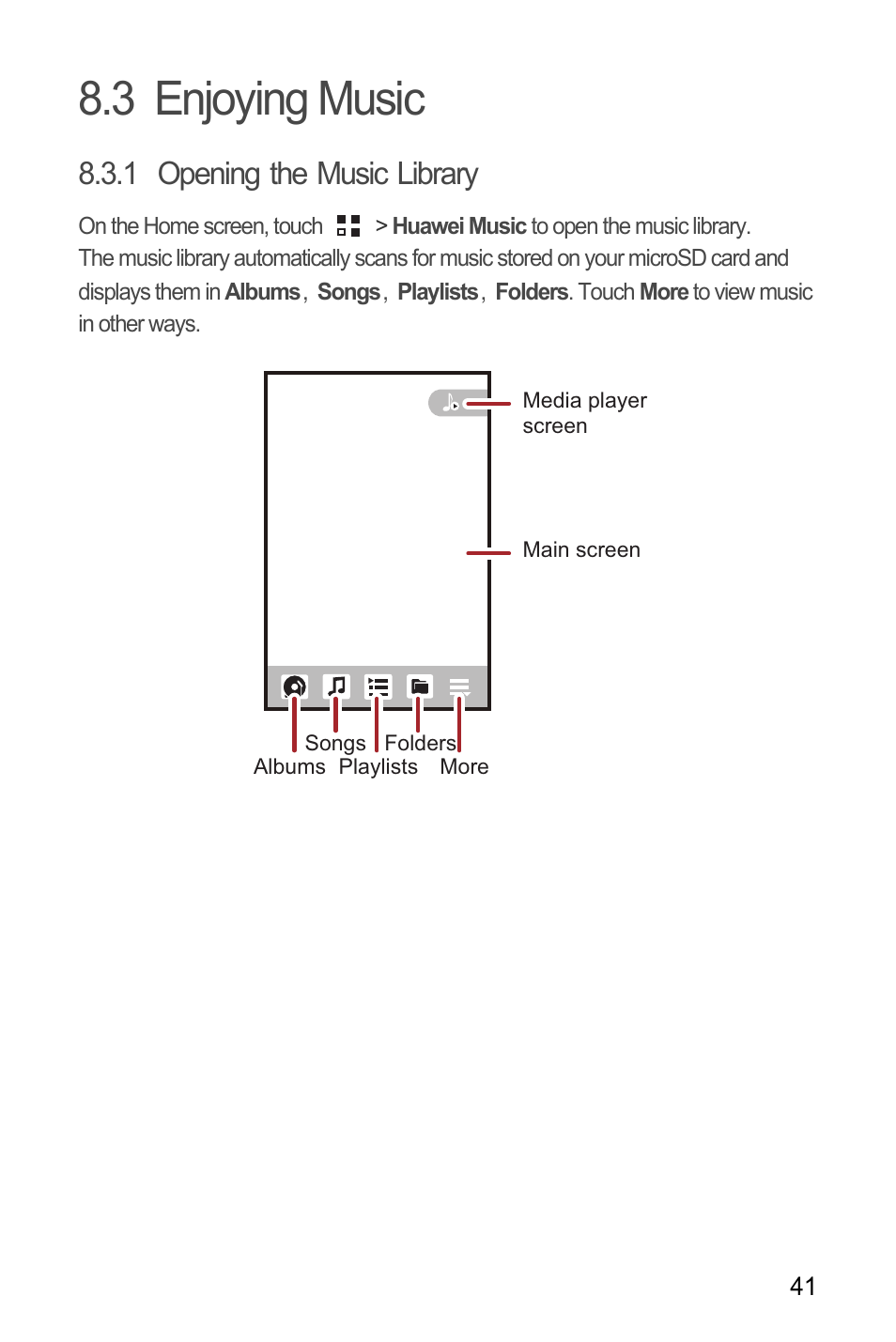 3 enjoying music, 1 opening the music library | Huawei C8650+ User Guide User Manual | Page 45 / 64