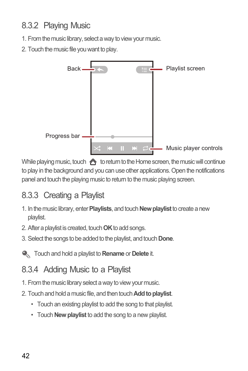 2 playing music, 3 creating a playlist, 4 adding music to a playlist | Huawei C8650+ User Guide User Manual | Page 46 / 64