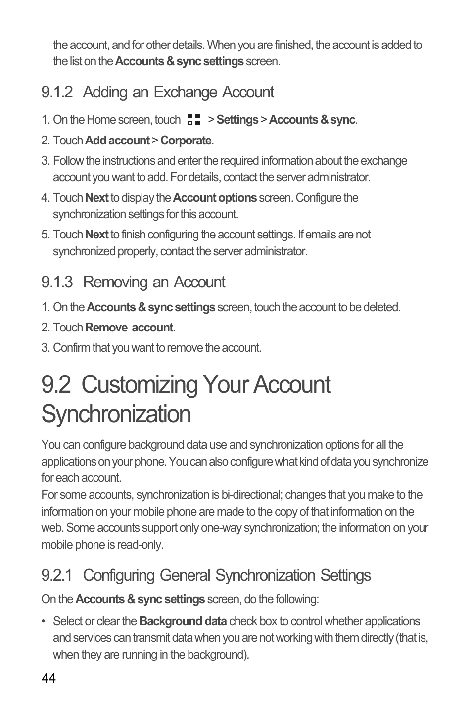 2 adding an exchange account, 3 removing an account, 2 customizing your account synchronization | 1 configuring general synchronization settings | Huawei C8650+ User Guide User Manual | Page 48 / 64