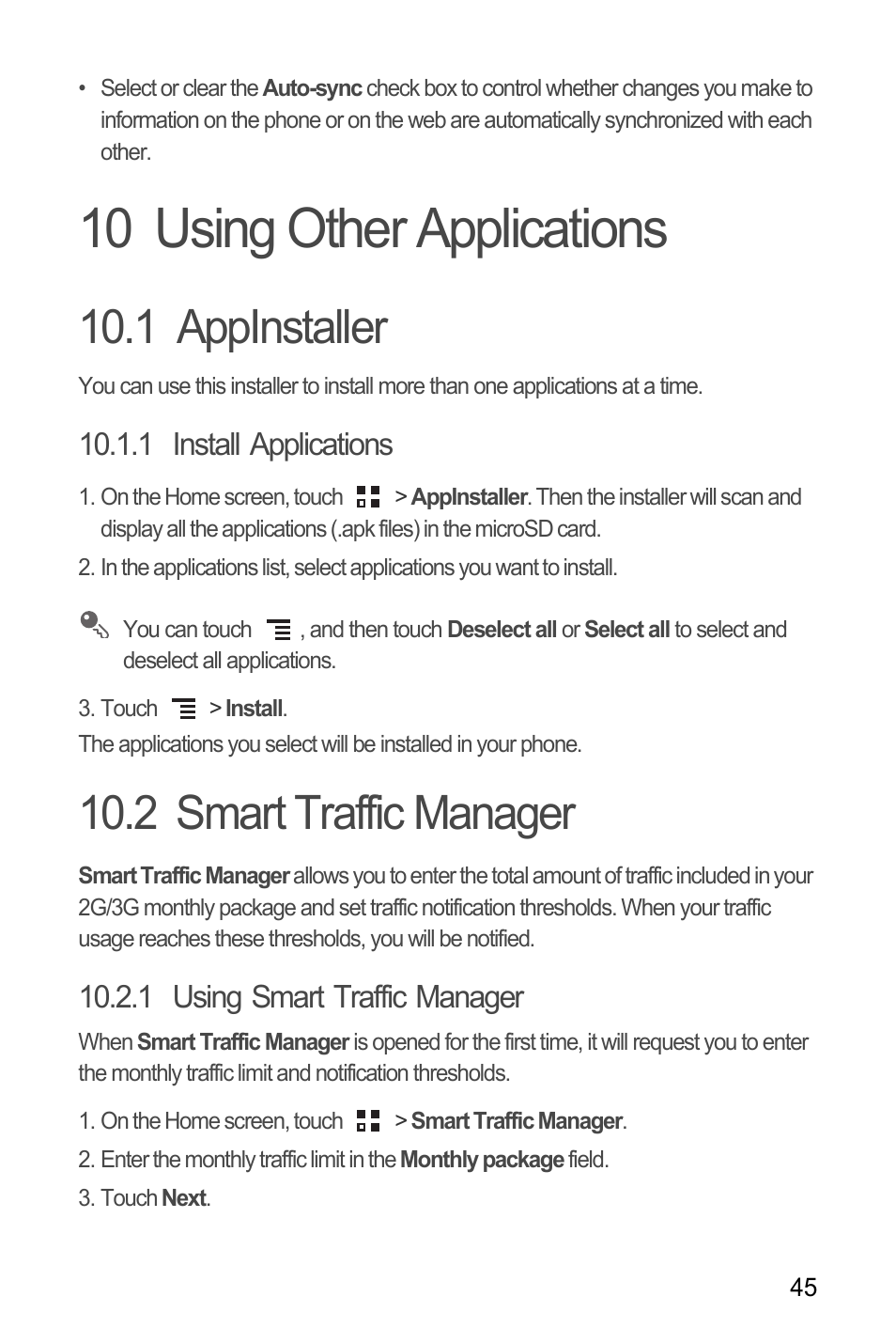 10 using other applications, 1 appinstaller, 1 install applications | 2 smart traffic manager, 1 using smart traffic manager, Appinstaller | Huawei C8650+ User Guide User Manual | Page 49 / 64