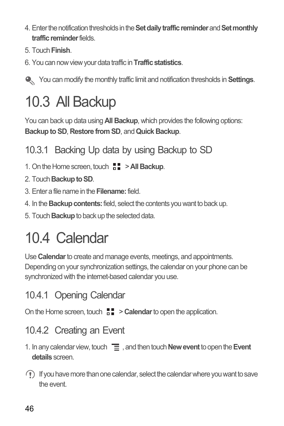 3 all backup, 1 backing up data by using backup to sd, 4 calendar | 1 opening calendar, 2 creating an event, 3 all backup 10.4 calendar | Huawei C8650+ User Guide User Manual | Page 50 / 64