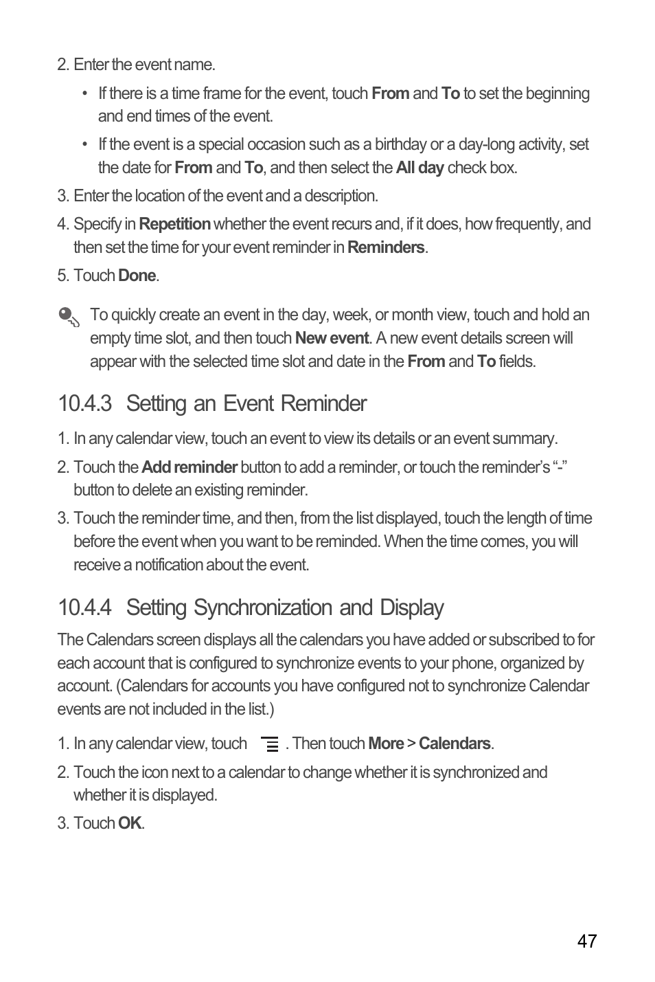 3 setting an event reminder, 4 setting synchronization and display | Huawei C8650+ User Guide User Manual | Page 51 / 64