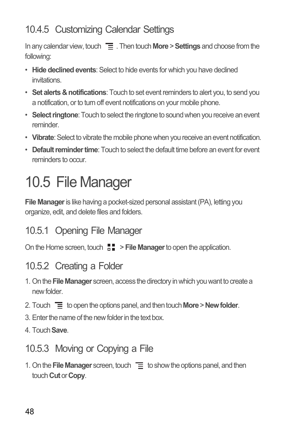 5 customizing calendar settings, 5 file manager, 1 opening file manager | 2 creating a folder, 3 moving or copying a file | Huawei C8650+ User Guide User Manual | Page 52 / 64