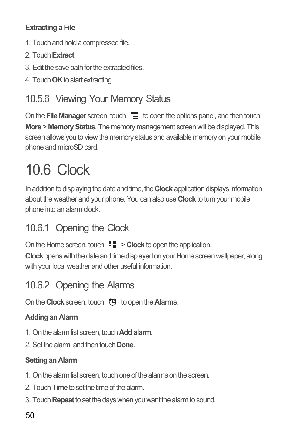 Extracting a file, 6 viewing your memory status, 6 clock | 1 opening the clock, 2 opening the alarms, Adding an alarm, Setting an alarm | Huawei C8650+ User Guide User Manual | Page 54 / 64