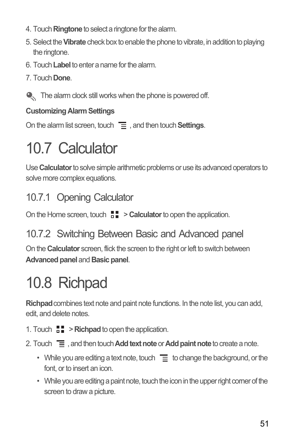 Customizing alarm settings, 7 calculator, 1 opening calculator | 2 switching between basic and advanced panel, 8 richpad, 7 calculator 10.8 richpad | Huawei C8650+ User Guide User Manual | Page 55 / 64