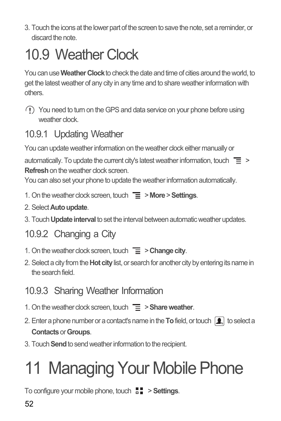 9 weather clock, 1 updating weather, 2 changing a city | 3 sharing weather information, 11 managing your mobile phone | Huawei C8650+ User Guide User Manual | Page 56 / 64