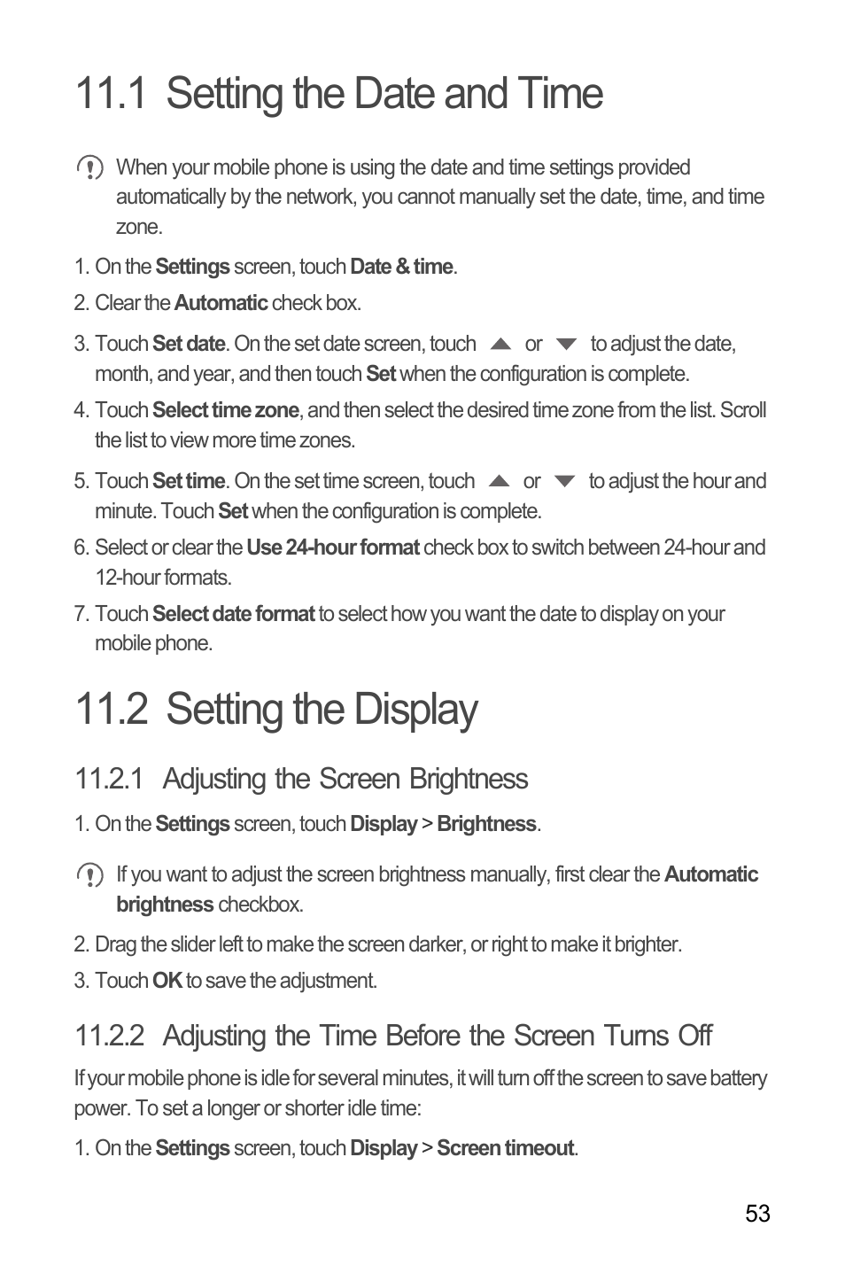 1 setting the date and time, 2 setting the display, 1 adjusting the screen brightness | 2 adjusting the time before the screen turns off | Huawei C8650+ User Guide User Manual | Page 57 / 64