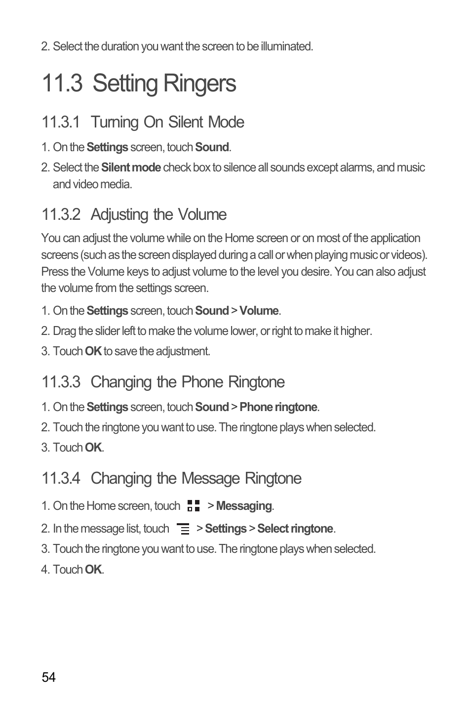 3 setting ringers, 1 turning on silent mode, 2 adjusting the volume | 3 changing the phone ringtone, 4 changing the message ringtone | Huawei C8650+ User Guide User Manual | Page 58 / 64