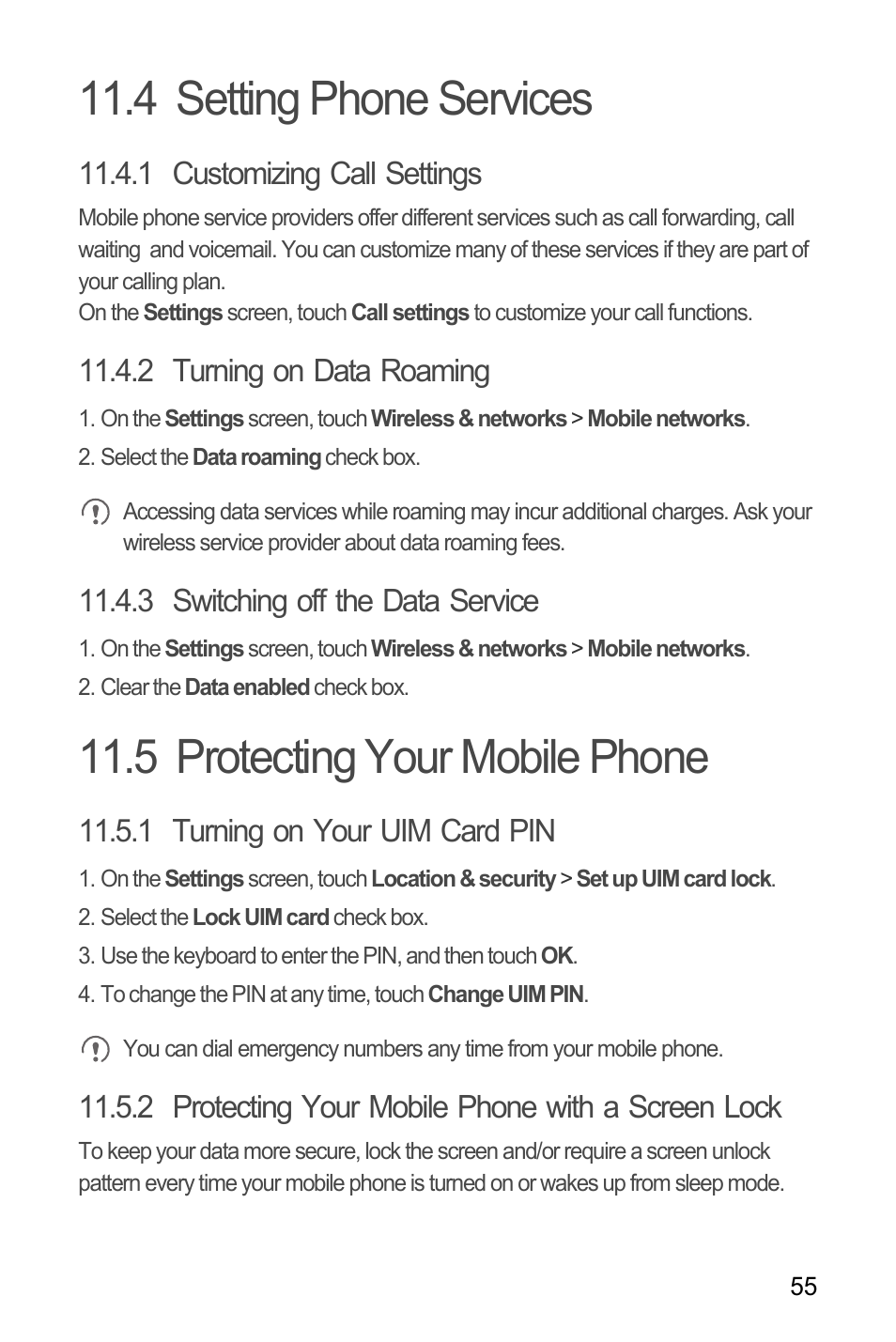4 setting phone services, 1 customizing call settings, 2 turning on data roaming | 3 switching off the data service, 5 protecting your mobile phone, 1 turning on your uim card pin, 2 protecting your mobile phone with a screen lock | Huawei C8650+ User Guide User Manual | Page 59 / 64