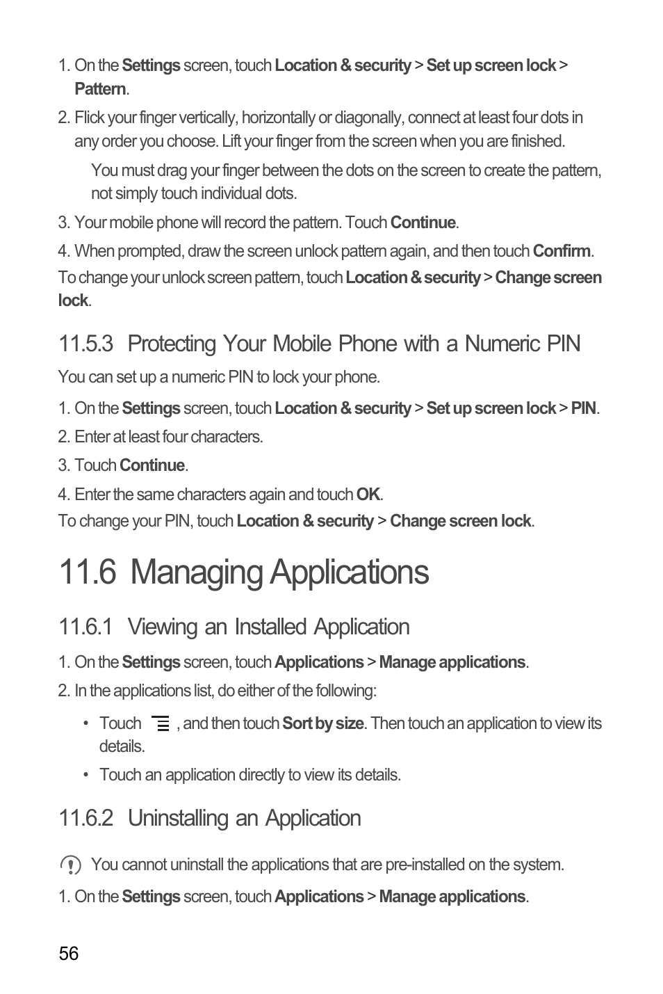 3 protecting your mobile phone with a numeric pin, 6 managing applications, 1 viewing an installed application | 2 uninstalling an application | Huawei C8650+ User Guide User Manual | Page 60 / 64