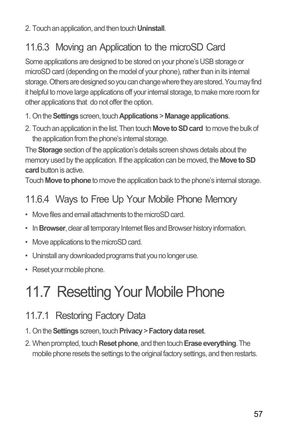 3 moving an application to the microsd card, 4 ways to free up your mobile phone memory, 7 resetting your mobile phone | 1 restoring factory data | Huawei C8650+ User Guide User Manual | Page 61 / 64