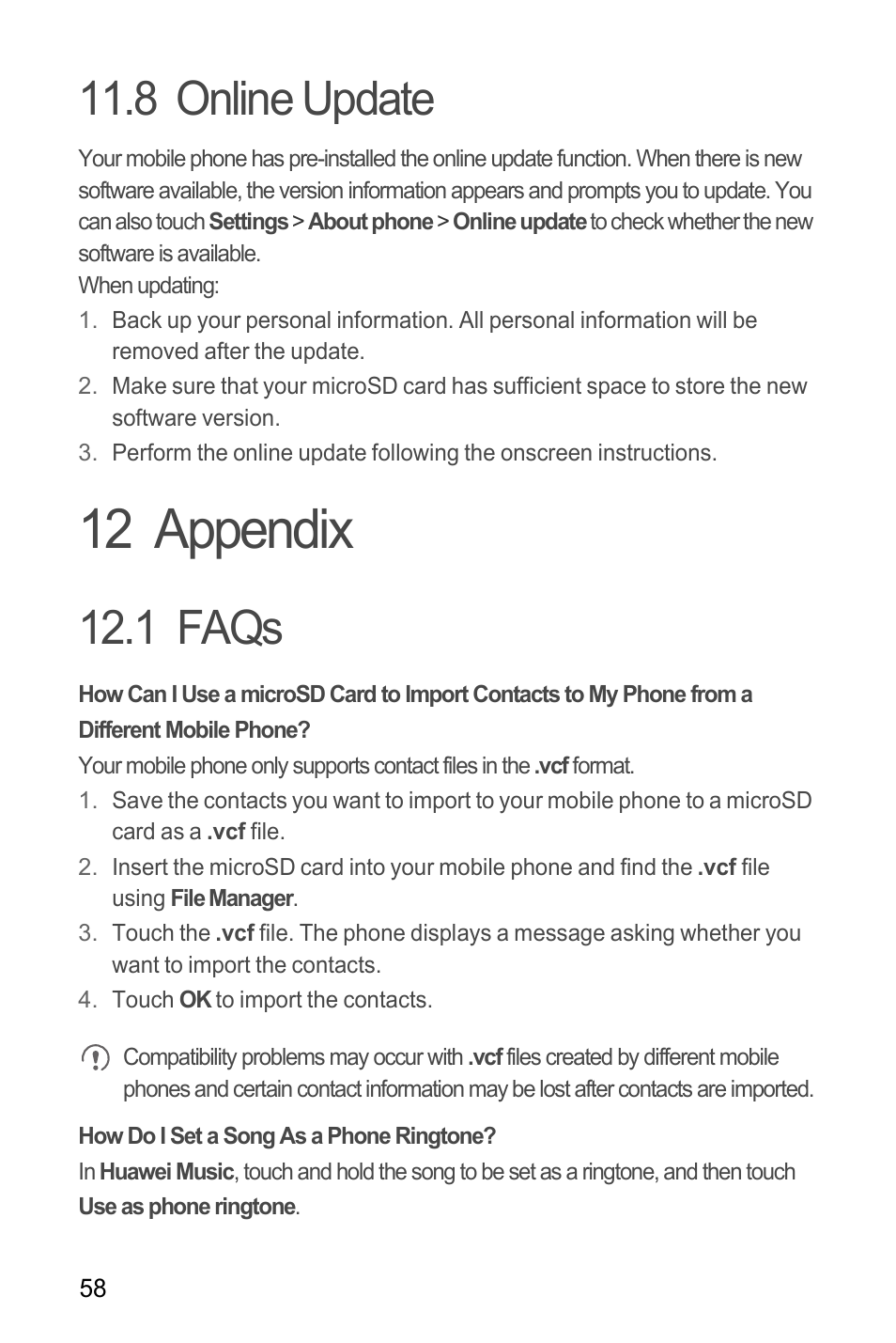 8 online update, 12 appendix, 1 faqs | How do i set a song as a phone ringtone, Faqs | Huawei C8650+ User Guide User Manual | Page 62 / 64