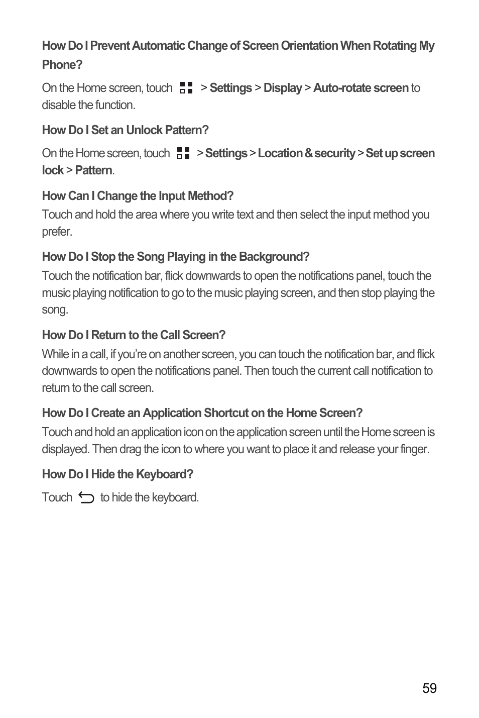 How do i set an unlock pattern, How can i change the input method, How do i stop the song playing in the background | How do i return to the call screen, How do i hide the keyboard | Huawei C8650+ User Guide User Manual | Page 63 / 64