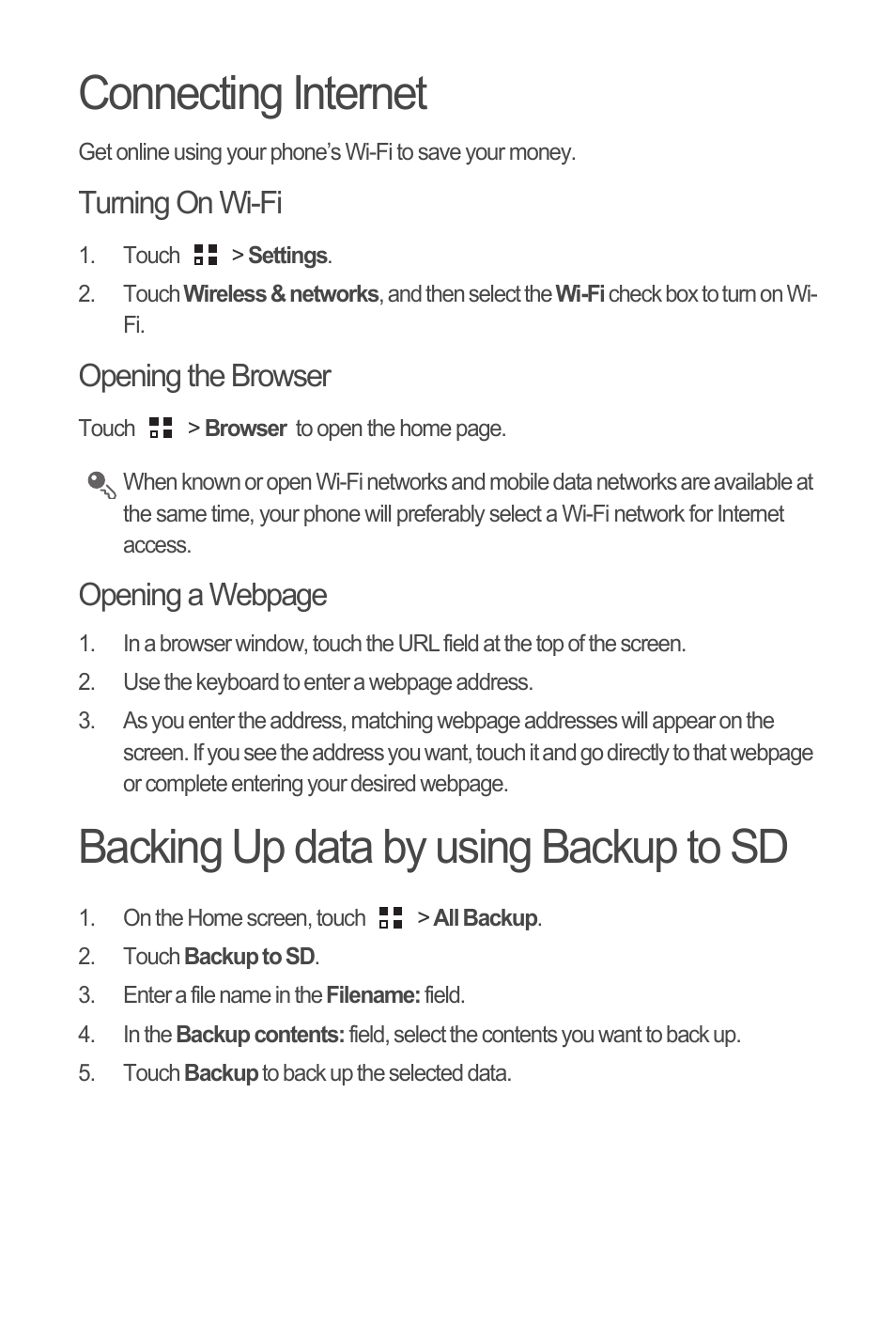 Connecting internet, Backing up data by using backup to sd, Turning on wi-fi | Opening the browser, Opening a webpage | Huawei C8650+ Quick Start User Manual | Page 10 / 17